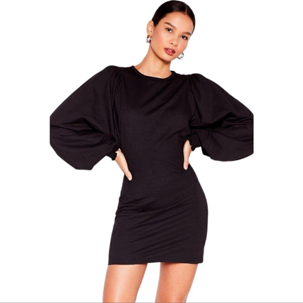 NWT H&M Balloon Sleeve Tie Back Mini Dress Shiny Black Size Small